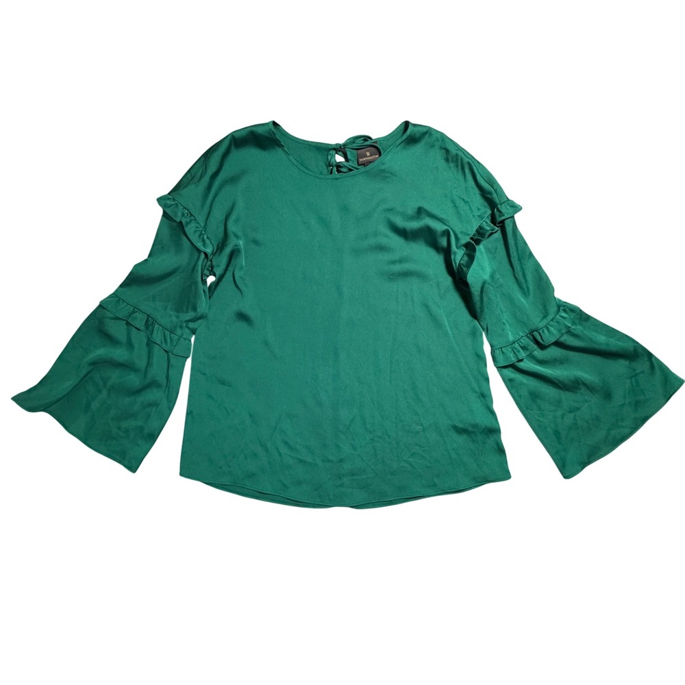 Emerald Green Satin Ruffle Bell Sleeve Blouse Top Medium St. Paddy's Day Careet